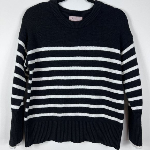 Philosophy Sweater Womens S/P Black White Striped Viscose Blend Crew Neck Soft - Picture 1 of 7